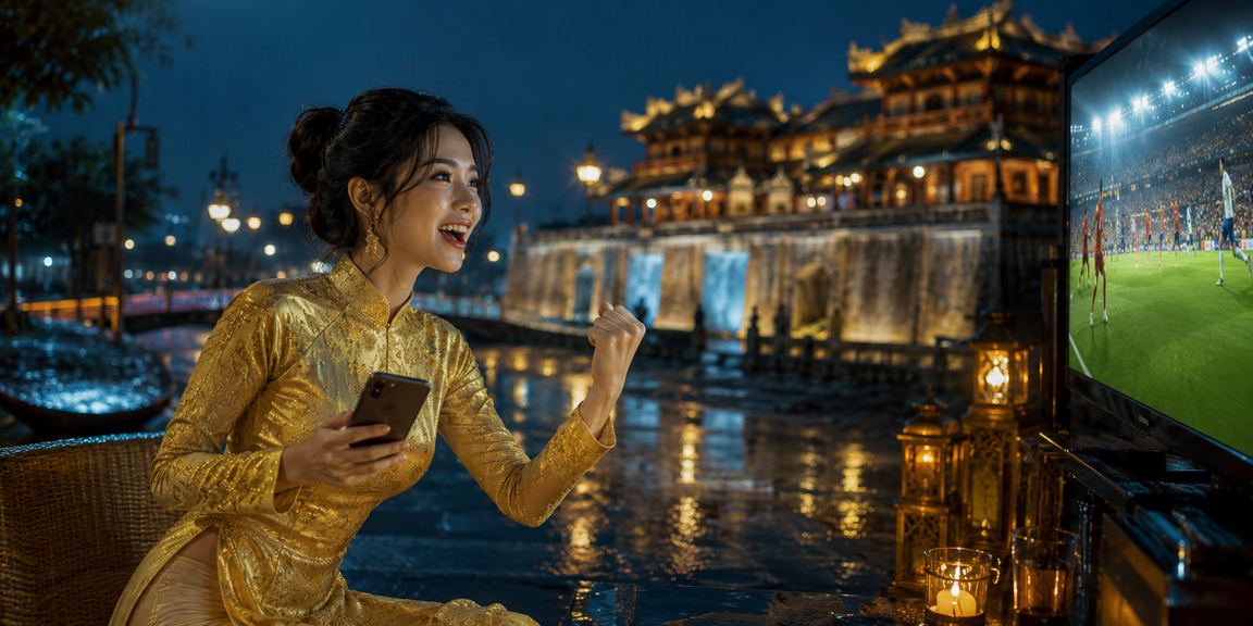 Người phụ nữ mặc áo dài Huế đặt cược trực tuyến trong không gian cổ kính
