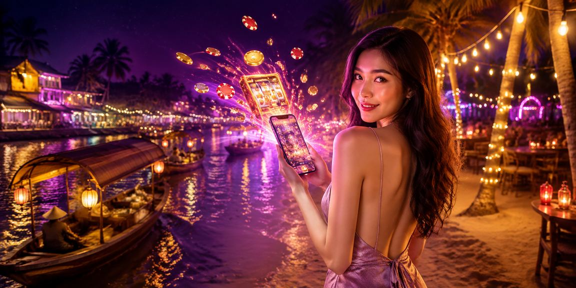 Màn hình máy slot neon sáng rực trong không gian giải trí tại Mekong