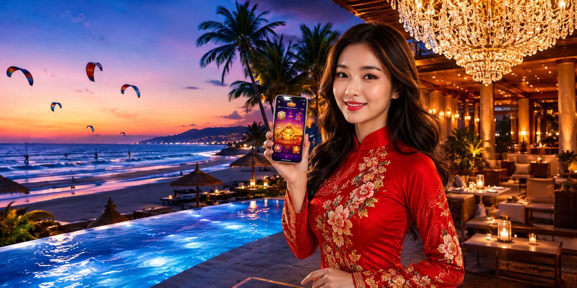 Phụ nữ mặc áo dài sử dụng ứng dụng casino nhận khuyến mãi tại bãi biển Mũi Né