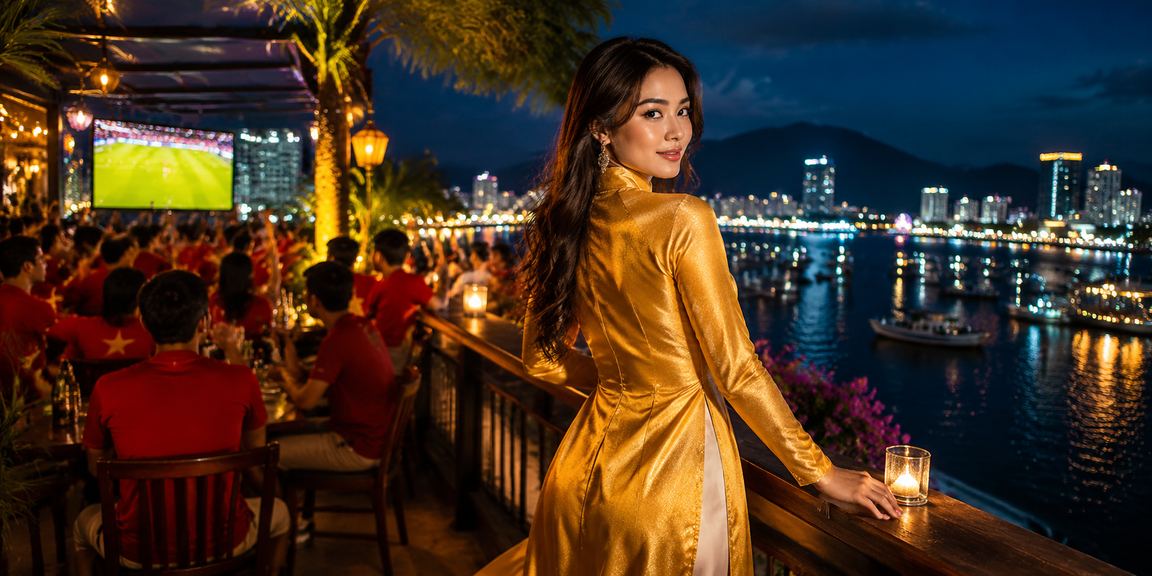 Người phụ nữ mặc áo dài nhận hoàn tiền bonus trên điện thoại tại bãi biển Nha Trang