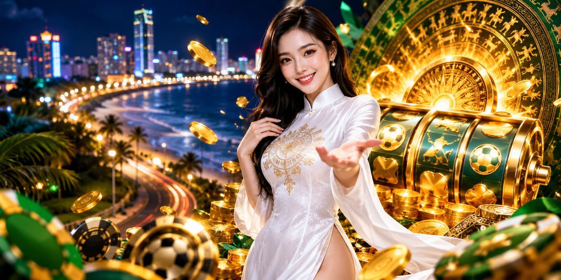 Phụ nữ mặc áo dài chơi slot game trên biển Phan Thiết dưới ánh nắng buổi chiều
